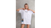 kadın Bisiklet Yaka Baskılı Oversize T-Shirt - Beyaz kadın Bisiklet Yaka Baskılı Oversize T-Shirt - Beyaz