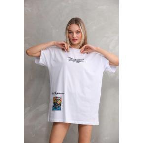 kadın Bisiklet Yaka Baskılı Oversize T-Shirt - Beyaz