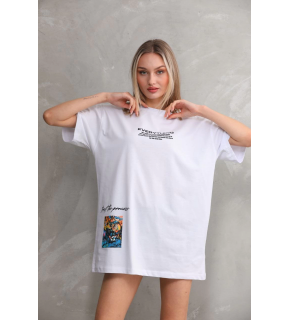 kadın Bisiklet Yaka Baskılı Oversize T-Shirt - Beyaz