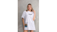 kadın Bisiklet Yaka Baskılı Oversize T-Shirt - Beyaz kadın Bisiklet Yaka Baskılı Oversize T-Shirt - Beyaz