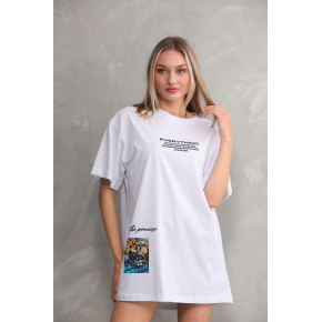 kadın Bisiklet Yaka Baskılı Oversize T-Shirt - Beyaz