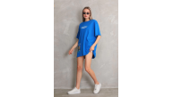 kadın Bisiklet Yaka Baskılı Oversize T-Shirt - Mavi kadın Bisiklet Yaka Baskılı Oversize T-Shirt - Mavi