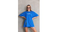 kadın Bisiklet Yaka Baskılı Oversize T-Shirt - Mavi kadın Bisiklet Yaka Baskılı Oversize T-Shirt - Mavi