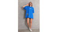 kadın Bisiklet Yaka Baskılı Oversize T-Shirt - Mavi kadın Bisiklet Yaka Baskılı Oversize T-Shirt - Mavi