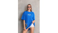kadın Bisiklet Yaka Baskılı Oversize T-Shirt - Mavi kadın Bisiklet Yaka Baskılı Oversize T-Shirt - Mavi
