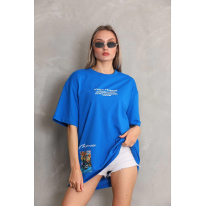 kadın Bisiklet Yaka Baskılı Oversize T-Shirt - Mavi