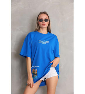 kadın Bisiklet Yaka Baskılı Oversize T-Shirt - Mavi