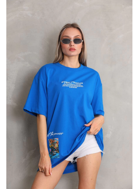 kadın Bisiklet Yaka Baskılı Oversize T-Shirt - Mavi kadın Bisiklet Yaka Baskılı Oversize T-Shirt - Mavi
