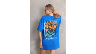 kadın Bisiklet Yaka Baskılı Oversize T-Shirt - Mavi kadın Bisiklet Yaka Baskılı Oversize T-Shirt - Mavi