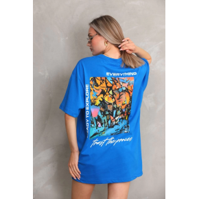kadın Bisiklet Yaka Baskılı Oversize T-Shirt - Mavi