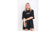 kadın  Bisiklet Yaka Baskılı Oversize T-Shirt - Siyah
