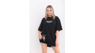kadın  Bisiklet Yaka Baskılı Oversize T-Shirt - Siyah