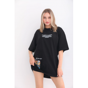 kadın  Bisiklet Yaka Baskılı Oversize T-Shirt - Siyah