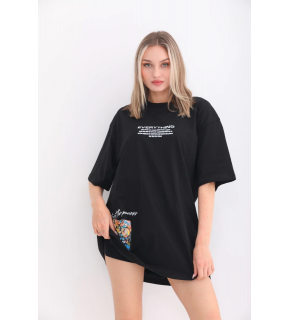 kadın  Bisiklet Yaka Baskılı Oversize T-Shirt - Siyah