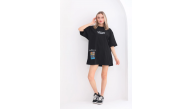 kadın  Bisiklet Yaka Baskılı Oversize T-Shirt - Siyah