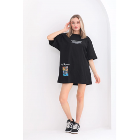 kadın  Bisiklet Yaka Baskılı Oversize T-Shirt - Siyah
