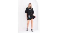 kadın  Bisiklet Yaka Baskılı Oversize T-Shirt - Siyah