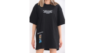 kadın  Bisiklet Yaka Baskılı Oversize T-Shirt - Siyah