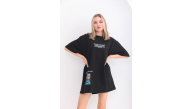 kadın  Bisiklet Yaka Baskılı Oversize T-Shirt - Siyah