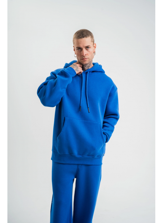 ERKEK 3 İplik Oversize Kapşonlu Basic SweatShirt Hoodie - Mavi