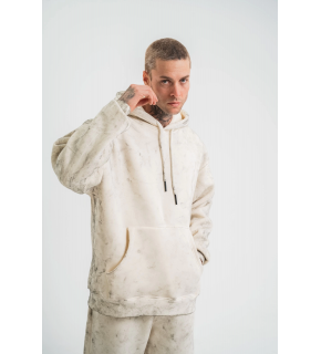 ERKEK  3 iplik Pamuklu Oversize Kapşonlu Yıkamalı SweatShirt Hoodie - Krem