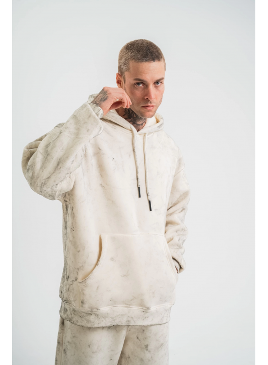 ERKEK  3 iplik Pamuklu Oversize Kapşonlu Yıkamalı SweatShirt Hoodie - Krem