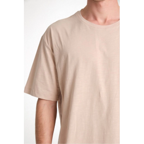ERKEK Düz Tişört Bisikilet Yaka Kısa Kol Oversize T-shirt - Bej