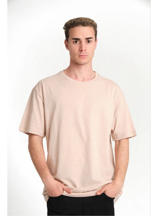 ERKEK Düz Tişört Bisikilet Yaka Kısa Kol Oversize T-shirt - Bej ERKEK Düz Tişört Bisikilet Yaka Kısa Kol Oversize T-shirt - Bej