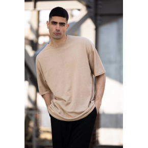 Erkek Düz T-Shirt Kısa Kol Bisiklet Yaka Regular Fit Rahat Kalıp Günlük Tişört - Bej