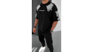 Erkek Kısa Kol Yazlık Tişört Bisiklet Yaka Baskılı Oversize T-Shirt - Siyah