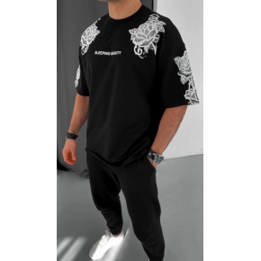 Erkek Kısa Kol Yazlık Tişört Bisiklet Yaka Baskılı Oversize T-Shirt - Siyah