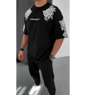 Erkek Kısa Kol Yazlık Tişört Bisiklet Yaka Baskılı Oversize T-Shirt - Siyah