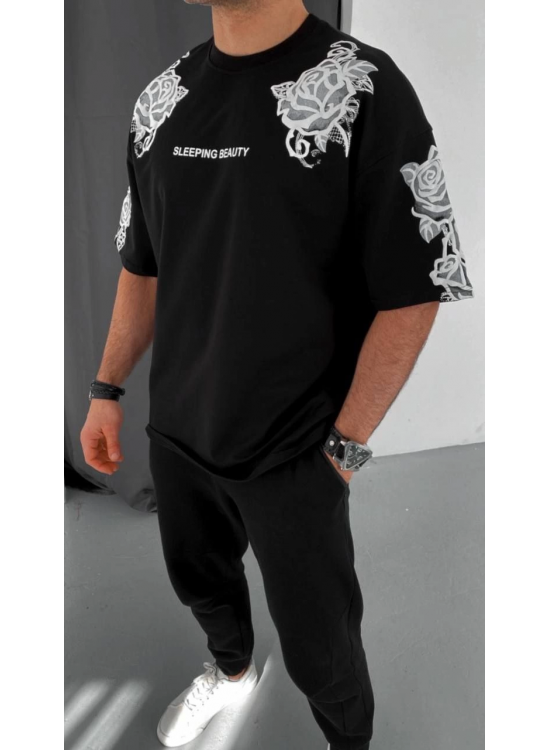 Erkek Kısa Kol Yazlık Tişört Bisiklet Yaka Baskılı Oversize T-Shirt - Siyah