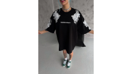 Kadın Kısa Kol Yazlık Tişört Bisiklet Yaka Baskılı Oversize T-Shirt - Siyah Kadın Kısa Kol Yazlık Tişört Bisiklet Yaka Baskılı Oversize T-Shirt - Siyah