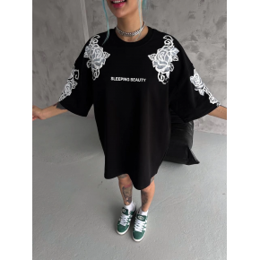Kadın Kısa Kol Yazlık Tişört Bisiklet Yaka Baskılı Oversize T-Shirt - Siyah