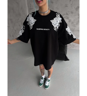 Kadın Kısa Kol Yazlık Tişört Bisiklet Yaka Baskılı Oversize T-Shirt - Siyah