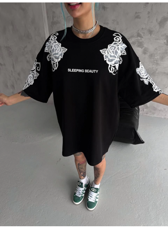 Kadın Kısa Kol Yazlık Tişört Bisiklet Yaka Baskılı Oversize T-Shirt - Siyah Kadın Kısa Kol Yazlık Tişört Bisiklet Yaka Baskılı Oversize T-Shirt - Siyah