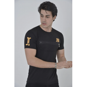 Erkek Baskılı T-Shirt Kısa Kol Bisiklet Yaka Göğüs Fermuarlı Slimfit Tişört  - Siyah