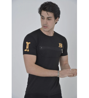 Erkek Baskılı T-Shirt Kısa Kol Bisiklet Yaka Göğüs Fermuarlı Slimfit Tişört  - Siyah