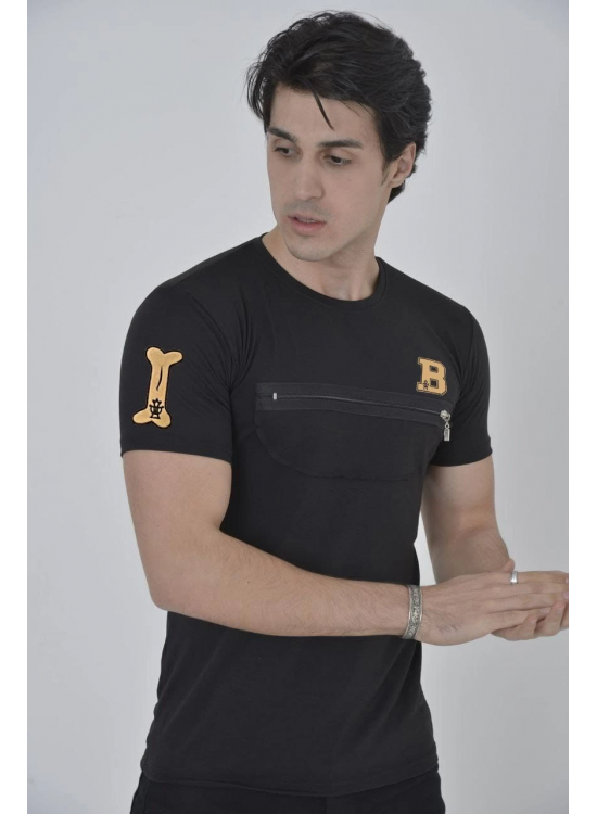 Erkek Baskılı T-Shirt Kısa Kol Bisiklet Yaka Göğüs Fermuarlı Slimfit Tişört  - Siyah