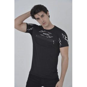 Erkek Baskılı T-Shirt Kısa Kol Bisiklet Yaka Göğüs Fermuarlı Slimfit Tişört  - Siyah