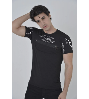 Erkek Baskılı T-Shirt Kısa Kol Bisiklet Yaka Göğüs Fermuarlı Slimfit Tişört  - Siyah