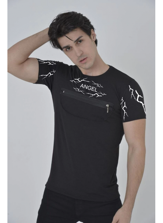 Erkek Baskılı T-Shirt Kısa Kol Bisiklet Yaka Göğüs Fermuarlı Slimfit Tişört  - Siyah