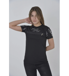 Kadın Baskılı T-Shirt Kısa Kol Bisiklet Yaka Göğüs Fermuarlı Tişört - Siyah