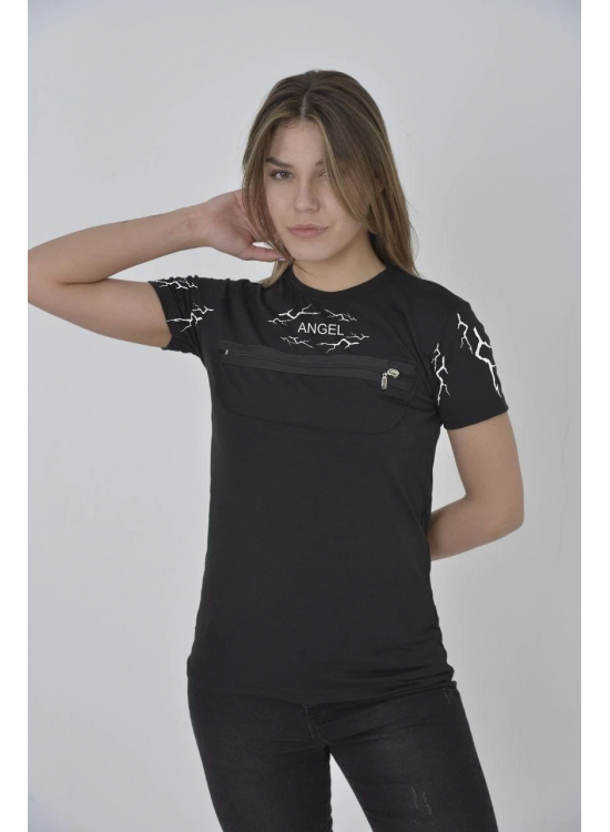 Kadın Baskılı T-Shirt Kısa Kol Bisiklet Yaka Göğüs Fermuarlı Tişört - Siyah Kadın Baskılı T-Shirt Kısa Kol Bisiklet Yaka Göğüs Fermuarlı Tişört - Siyah