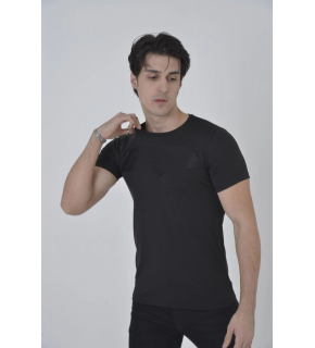 Erkek Göğüs File Aksesuarlı T-shirt - Siyah
