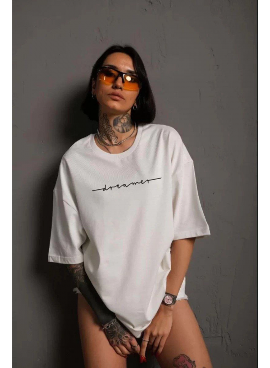 Kadın Bisiklet Yaka Baskılı Kısa kol T-Shirt - Beyaz Kadın Bisiklet Yaka Baskılı Kısa kol T-Shirt - Beyaz