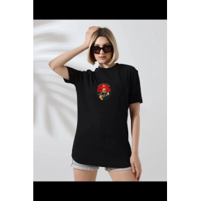 Kadın Bisiklet Yaka Baskılı  kısa kol T-Shirt - Siyah