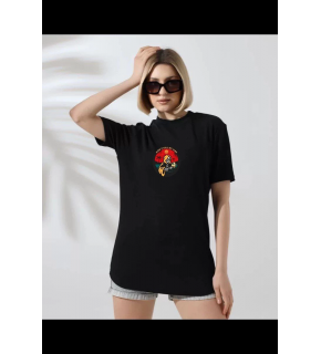 Kadın Bisiklet Yaka Baskılı  kısa kol T-Shirt - Siyah