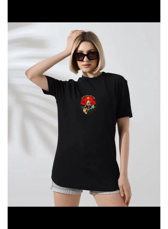 Kadın Bisiklet Yaka Baskılı kısa kol T-Shirt - Siyah Kadın Bisiklet Yaka Baskılı kısa kol T-Shirt - Siyah